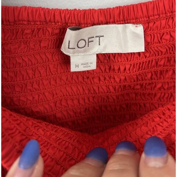 Loft Smocked Puff Short Sleeve Peplum Top Red Size Medium Cotton Stretch Women’s - Picture 4 of 6